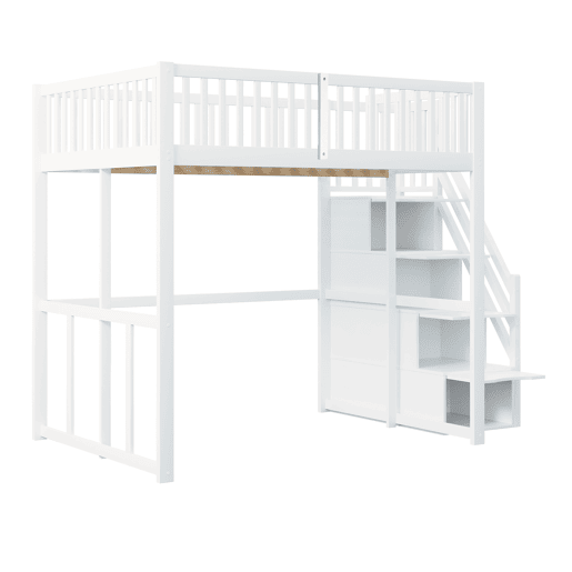Cama alta 140x200 cm - Com escada de segurança, corrimão, estrutura em pinho maciço - Branco Cama alta 140x200 cm - Com escada de segurança, corrimão, estrutura em pinho maciço - Branco