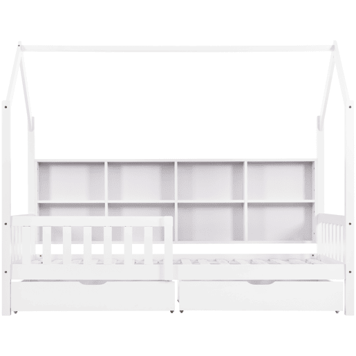 Cama tipo casa 90x200 cm - Estante multifuncional, gavetas grandes, design de chaminé - Branco