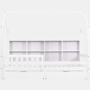 Cama tipo casa 90x200 cm - Estante multifuncional, gavetas grandes, design de chaminé - Branco