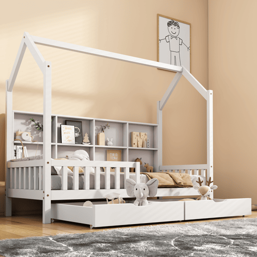 Cama tipo casa 90x200 cm - Estante multifuncional, gavetas grandes, design de chaminé - Branco