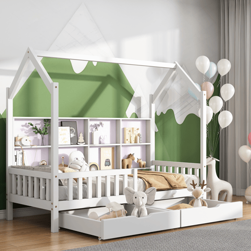 Cama tipo casa 90x200 cm - Estante multifuncional, gavetas grandes, design de chaminé - Branco