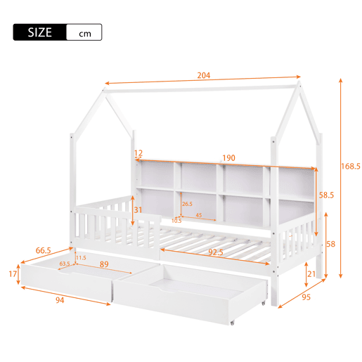 Cama tipo casa 90x200 cm - Estante multifuncional, gavetas grandes, design de chaminé - Branco