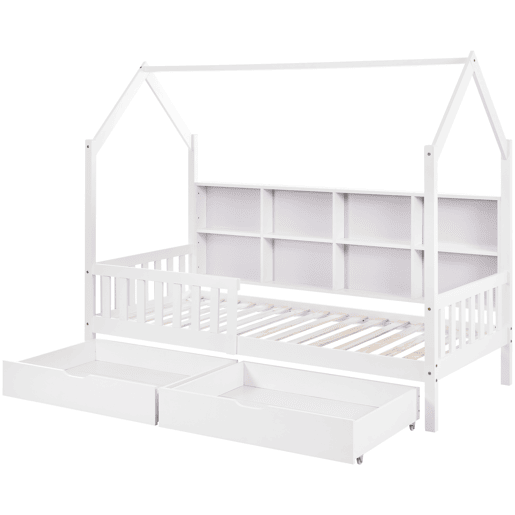 Cama tipo casa 90x200 cm - Estante multifuncional, gavetas grandes, design de chaminé - Branco