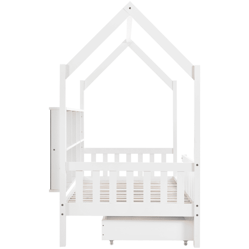 Cama tipo casa 90x200 cm - Estante multifuncional, gavetas grandes, design de chaminé - Branco