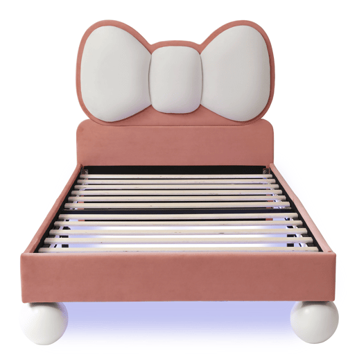 Cama individual 90x200 - Cabeceira em forma de laço, LED ajustável, estrutura estável, design elegante - Bege + Rosa