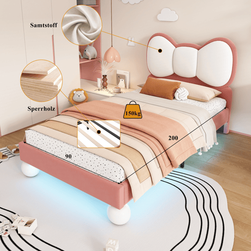 Cama individual 90x200 - Cabeceira em forma de laço, LED ajustável, estrutura estável, design elegante - Bege + Rosa