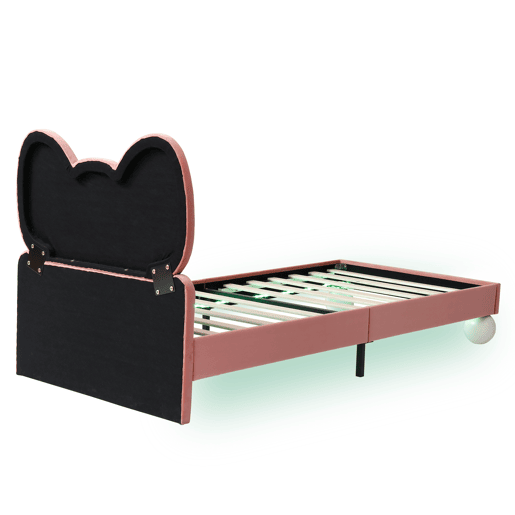 Cama individual 90x200 - Cabeceira em forma de laço, LED ajustável, estrutura estável, design elegante - Bege + Rosa