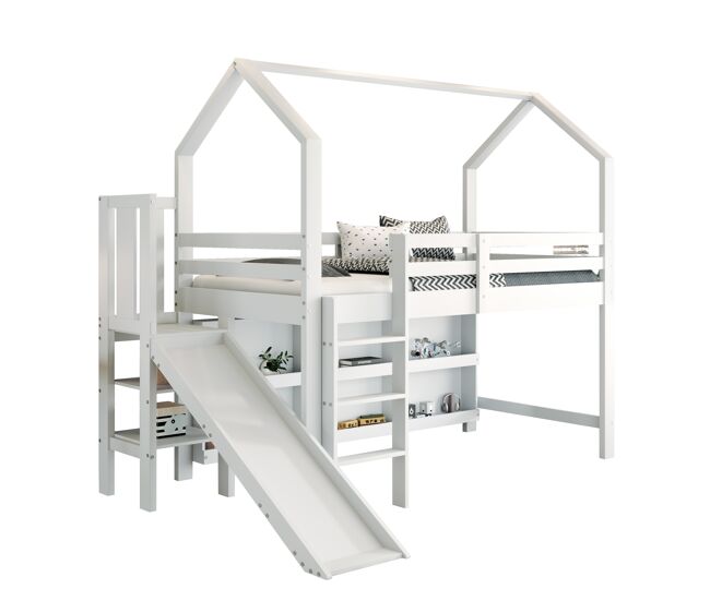 Cama infantil,cama alta de madera maciza 90x200 cm,blanco