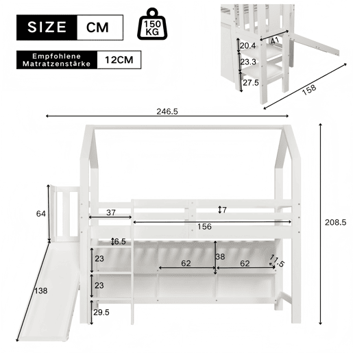 Cama de criança,cama alta de madeira maciça 90x200 cm,branco