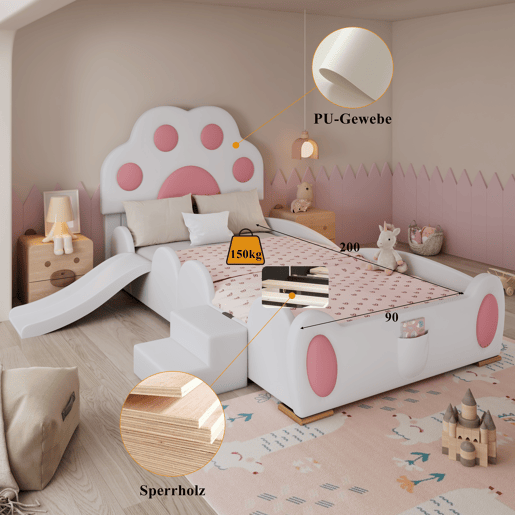 Cama individual 90x200 - Cabeceira em forma de pegada de gato, escorregador e escada de dois níveis, PU - Branco + Rosa