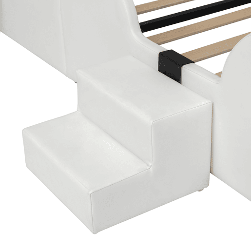 Cama individual 90x200 - Cabeceira em forma de pegada de gato, escorregador e escada de dois níveis, PU - Branco + Rosa