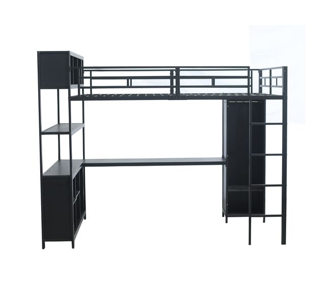 Cama loft 140x200 cm - con escritorio, armario, y almacenamiento - negro