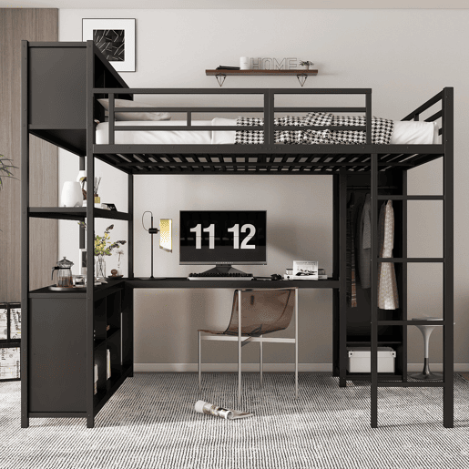 Cama loft 140x200 cm - Com secretária, armário e arrumação - Preto