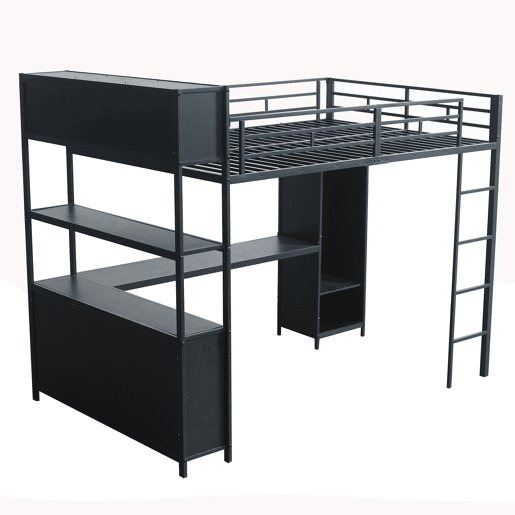 Cama loft 140x200 cm - Com secretária, armário e arrumação - Preto