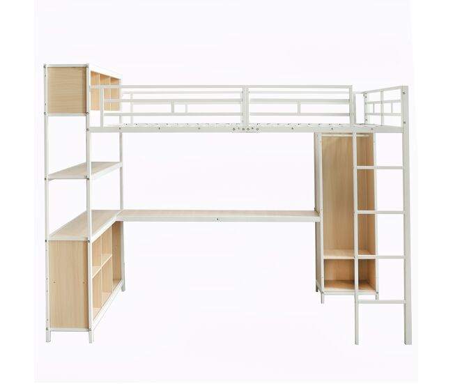 Cama loft 140x200 cm - con almacenamiento bajo escritorio y armario - blanco+natural