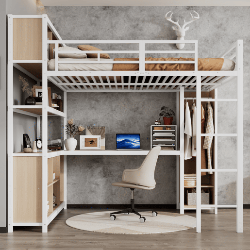 Cama loft 140x200 cm - Com arrumação debaixo da secretária e armário - Branco+Natural