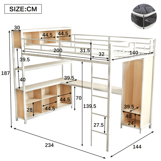 Cama loft 140x200 cm - Com arrumação debaixo da secretária e armário - Branco+Natural
