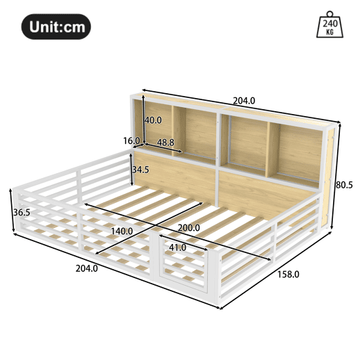 Cama de plataforma 140x200 cm - Com arrumação lateral, com estrado, sem colchão - Branco