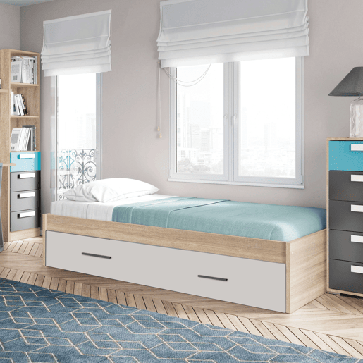 Cama auxiliar Lopa 90x190 cm com estrutura inferior retrátil em carvalho cambriano e branco