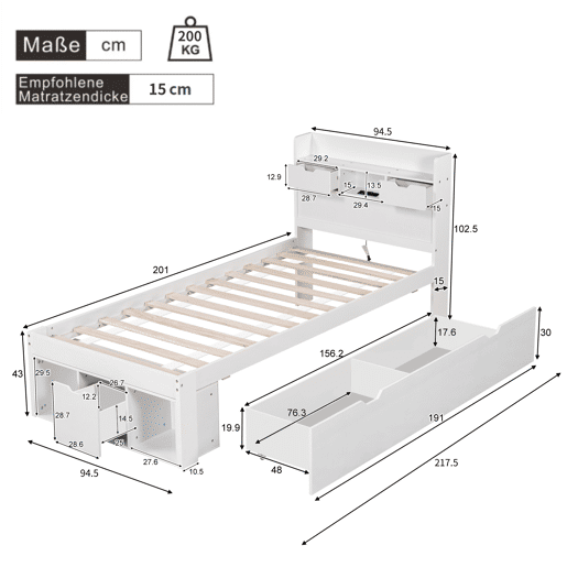 Cama individual 90x200 - com USB, gavetas e armário, multifuncional, grande capacidade de armazenamento - branco