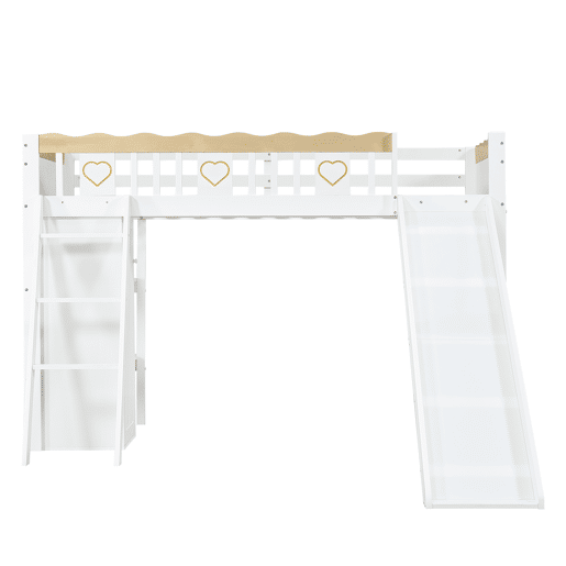 Cama loft 90x200 cm - Com escorregador, armário e prateleira embaixo, barreira nos 4 lados - Branco+Natural