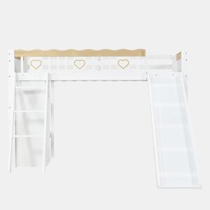 Cama loft 90x200 cm - Com escorregador, armário e prateleira embaixo, barreira nos 4 lados - Branco+Natural