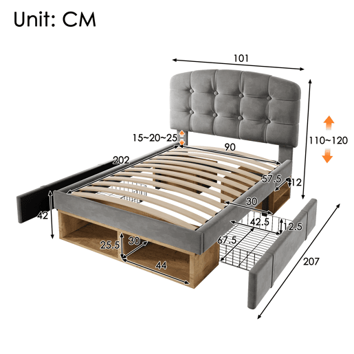 Cama de solteiro de veludo 90x200 cm,cinza