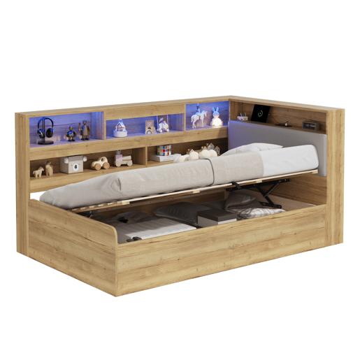 Cama de solteiro de mdf 90x200 cm com armazenamento e luz led,natural