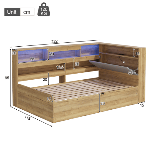 Cama de solteiro de mdf 90x200 cm com armazenamento e luz led,natural