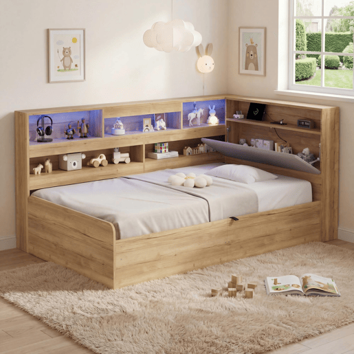 Cama de solteiro de mdf 90x200 cm com armazenamento e luz led,natural