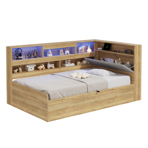 Cama de solteiro de mdf 90x200 cm com armazenamento e luz led,natural
