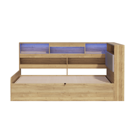 Cama de solteiro de mdf 90x200 cm com armazenamento e luz led,natural