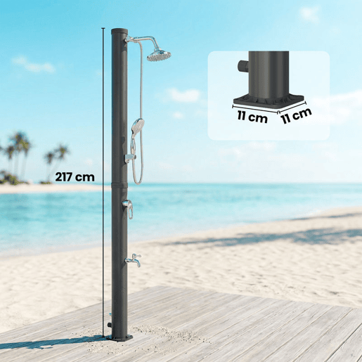 Outsunny Duche Solar de Jardim 20L Duche Solar Exterior com Cabeça de Ducha de Mão Torneira para Pés Água Quente e Fria Máx. 60 °C Proteção contra Congelação para Piscina Camping 42x11x215 cm Preto