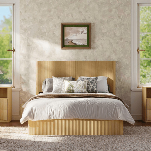 Cama moderna 140x200 cm - Design com ranhuras, sistema de elevação hidráulico, amplo espaço de arrumação - Carvalho claro