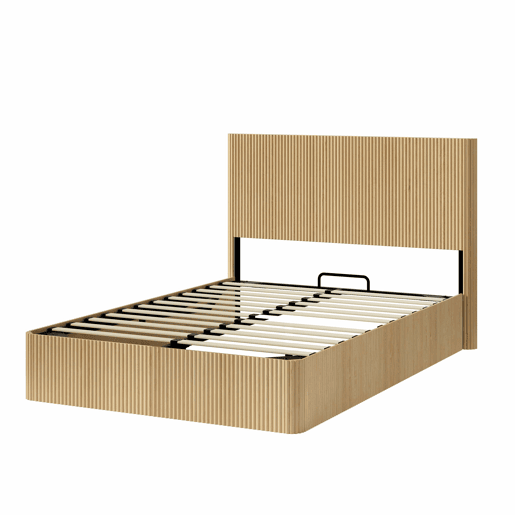 Cama moderna 140x200 cm - Design com ranhuras, sistema de elevação hidráulico, amplo espaço de arrumação - Carvalho claro