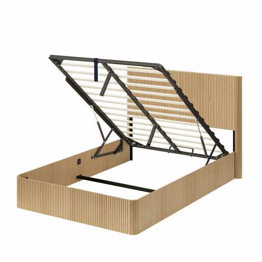 Cama moderna 140x200 cm - Design com ranhuras, sistema de elevação hidráulico, amplo espaço de arrumação - Carvalho claro