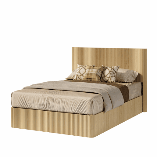 Cama moderna 140x200 cm - Design com ranhuras, sistema de elevação hidráulico, amplo espaço de arrumação - Carvalho claro