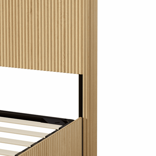 Cama moderna 140x200 cm - Design com ranhuras, sistema de elevação hidráulico, amplo espaço de arrumação - Carvalho claro