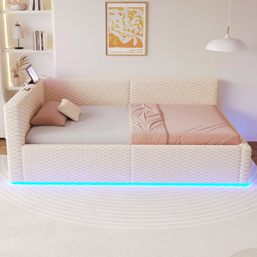 Cama estofada 90x200 cm - com LED, duas portas USB, encosto L macio, tecido de veludo, estrutura hidráulica - bege
