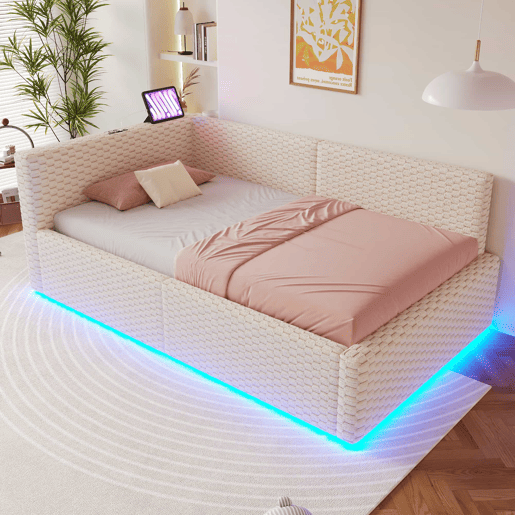 Cama estofada 90x200 cm - com LED, duas portas USB, encosto L macio, tecido de veludo, estrutura hidráulica - bege
