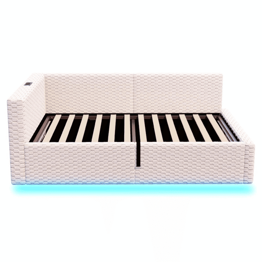 Cama estofada 90x200 cm - com LED, duas portas USB, encosto L macio, tecido de veludo, estrutura hidráulica - bege