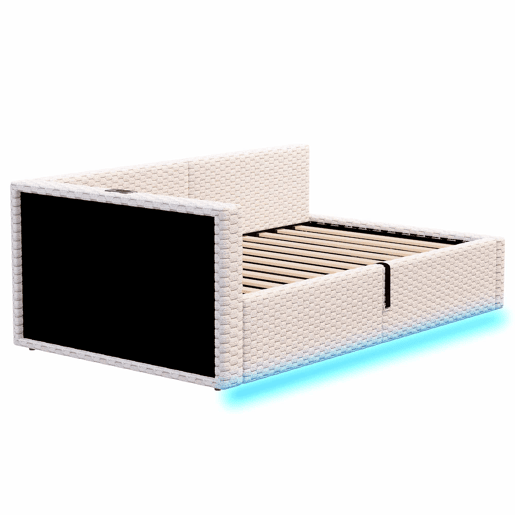 Cama estofada 90x200 cm - com LED, duas portas USB, encosto L macio, tecido de veludo, estrutura hidráulica - bege