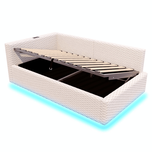 Cama estofada 90x200 cm - com LED, duas portas USB, encosto L macio, tecido de veludo, estrutura hidráulica - bege