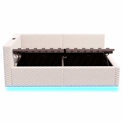 Cama estofada 90x200 cm - com LED, duas portas USB, encosto L macio, tecido de veludo, estrutura hidráulica - bege