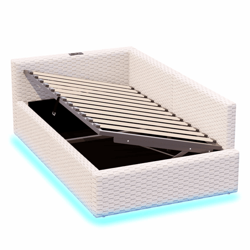 Cama estofada 90x200 cm - com LED, duas portas USB, encosto L macio, tecido de veludo, estrutura hidráulica - bege