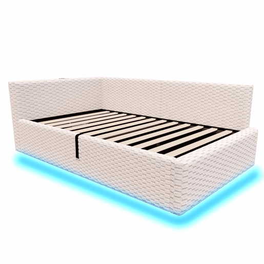 Cama estofada 90x200 cm - com LED, duas portas USB, encosto L macio, tecido de veludo, estrutura hidráulica - bege