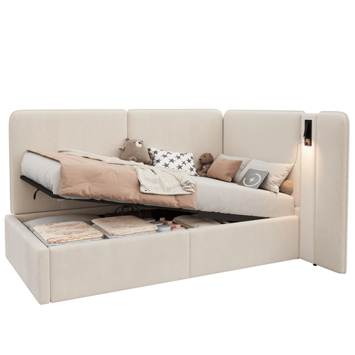 Cama de solteiro de veludo 90x200 cm com armazenamento,bege