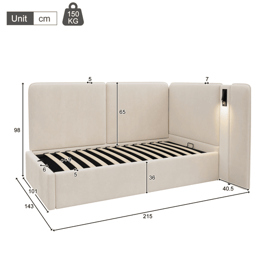 Cama de solteiro de veludo 90x200 cm com armazenamento,bege