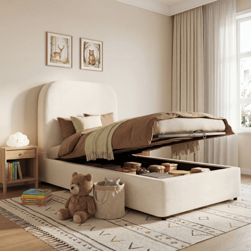 Cama de solteiro de tecido 90x200 cm com armazenamento,bege