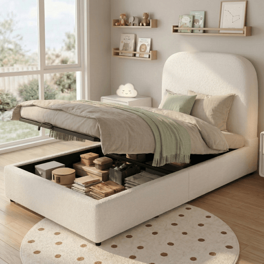Cama de solteiro de tecido 90x200 cm com armazenamento,bege